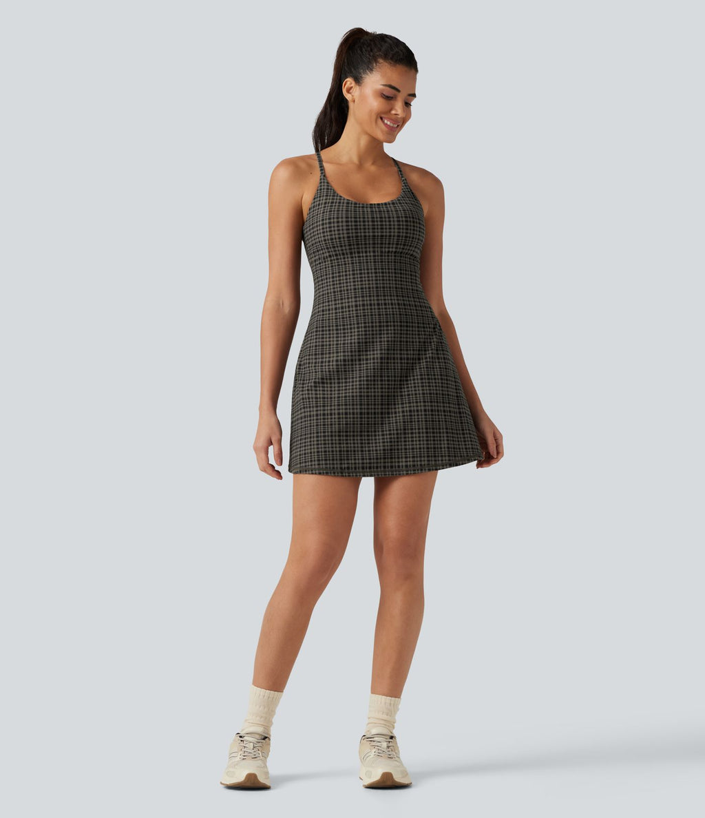 Robe sport de danse mini 2-en-1 avec brassière intégrée UltraSculpt™ à imprimé à carreaux avec poches - Édition Easy Peasy