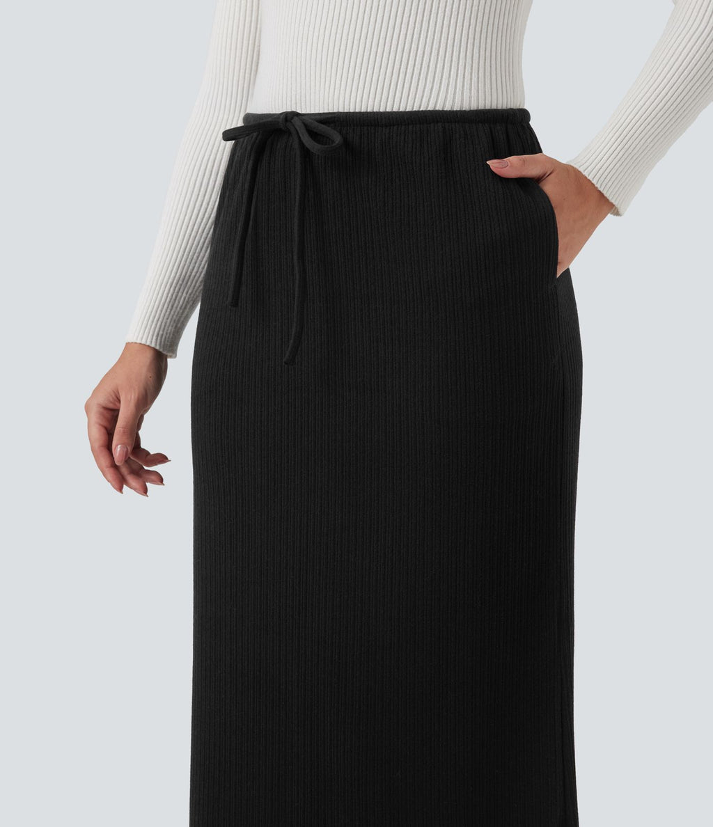 Jupe longue côtelée taille mi-haute avec cordon de serrage et poches