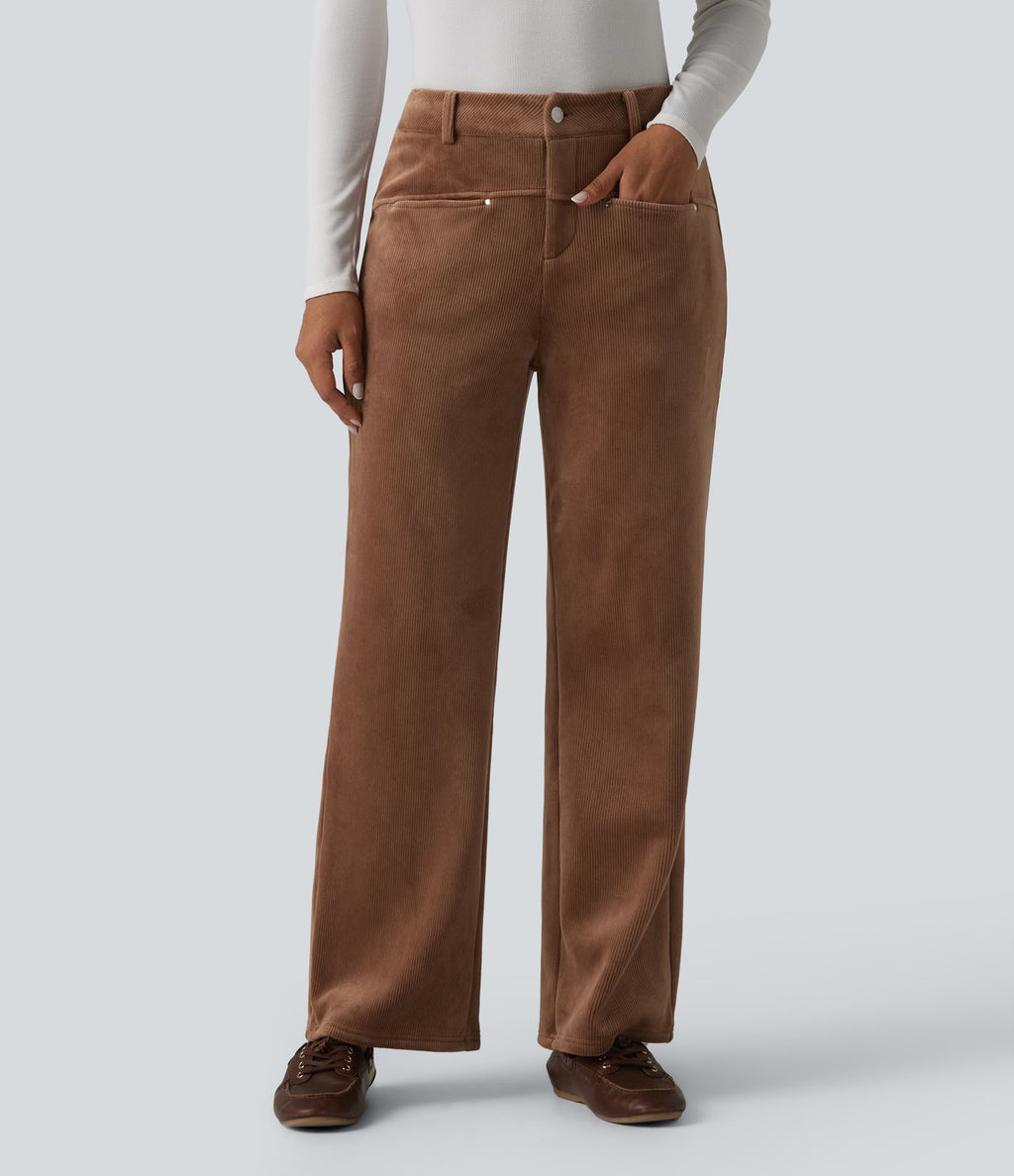 Pantalon droit casual en velours côtelé molletonné taille mi-haute avec poches