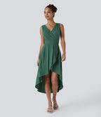 Robe Mi-Longue Plissée Décolleté Plongeant Sans Manches Haut Bas Ourlet Croisé