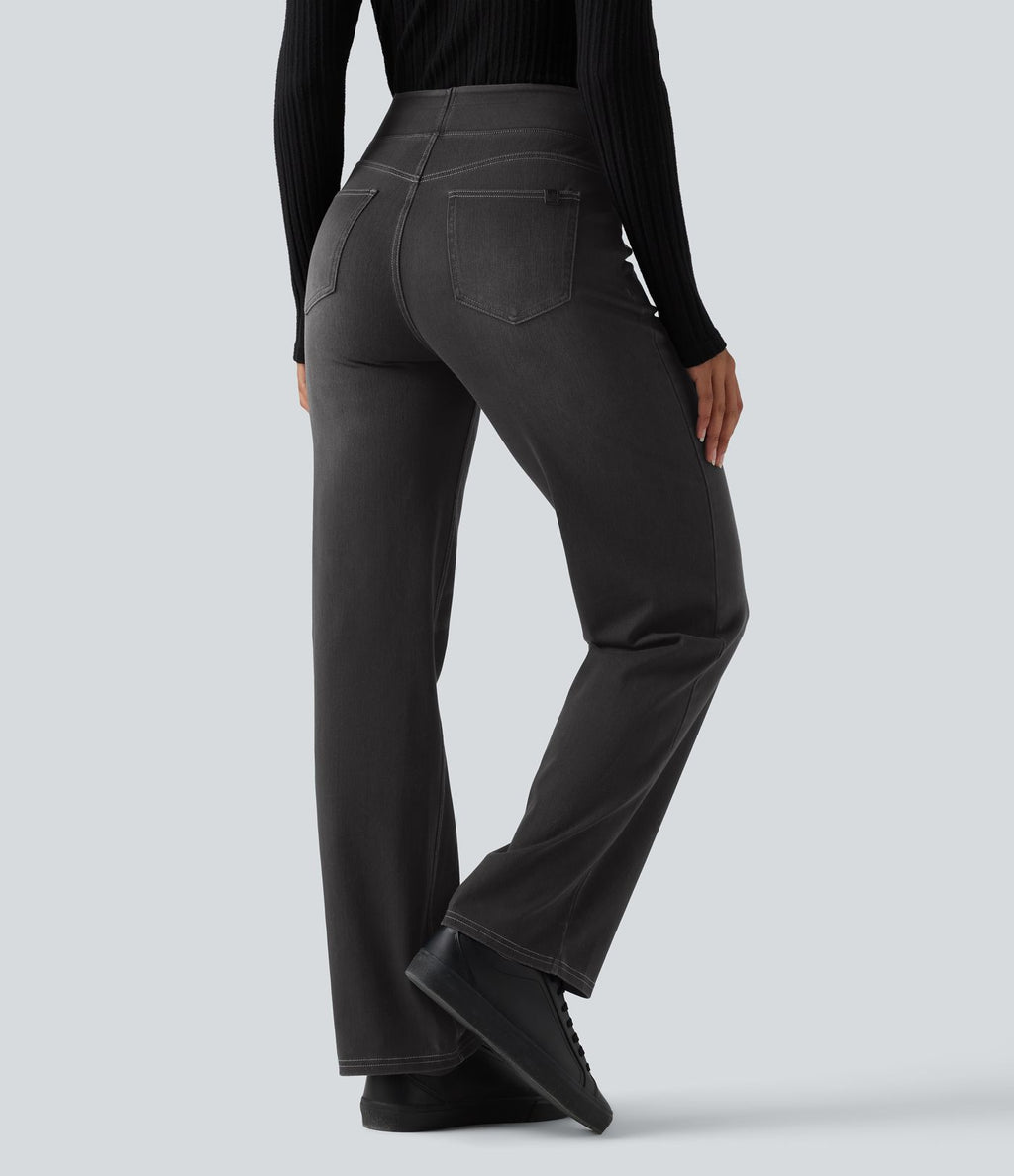 Jean décontracté Halara Flex™ taille haute, extensible, délavé, jambes droites avec poches multiples