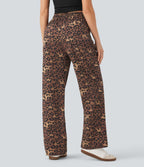 Pantalon casual taille haute cordon jambe droite imprimé léopard avec poches