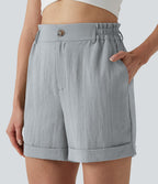Short resort 12,5 cm taille haute effet lin avec ourlet roulotté et poches