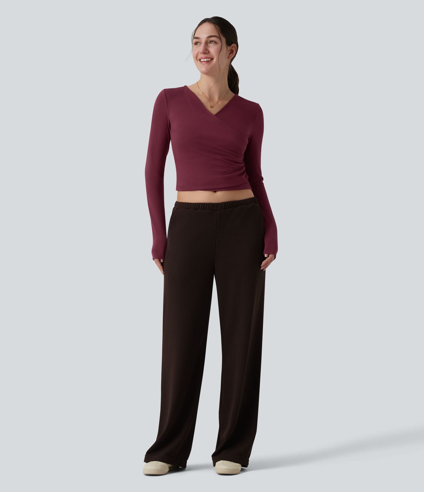 Top réchauffant casual Halara HeatCore col V manches longues croisé avec fronces