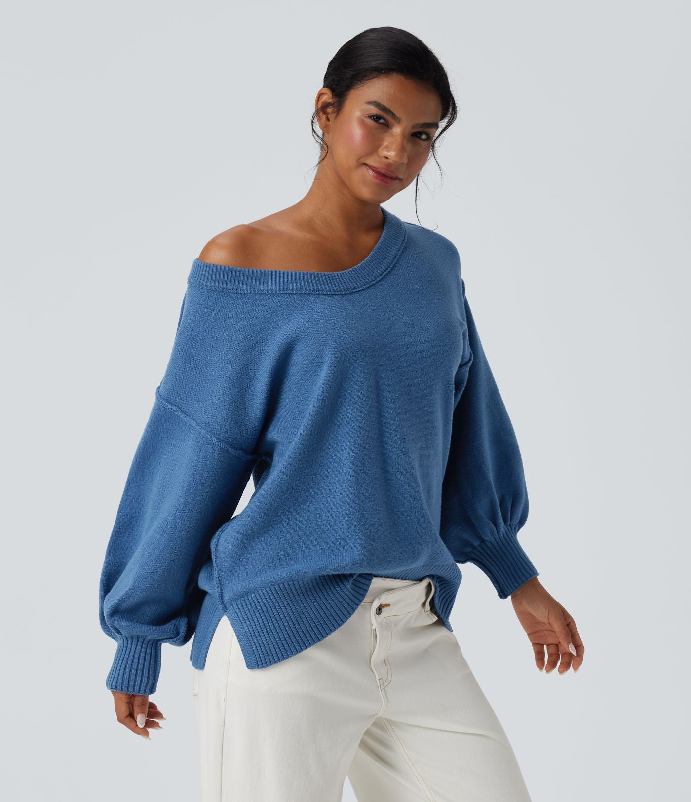 Pull casual col V épaules tombantes manches longues avec fentes