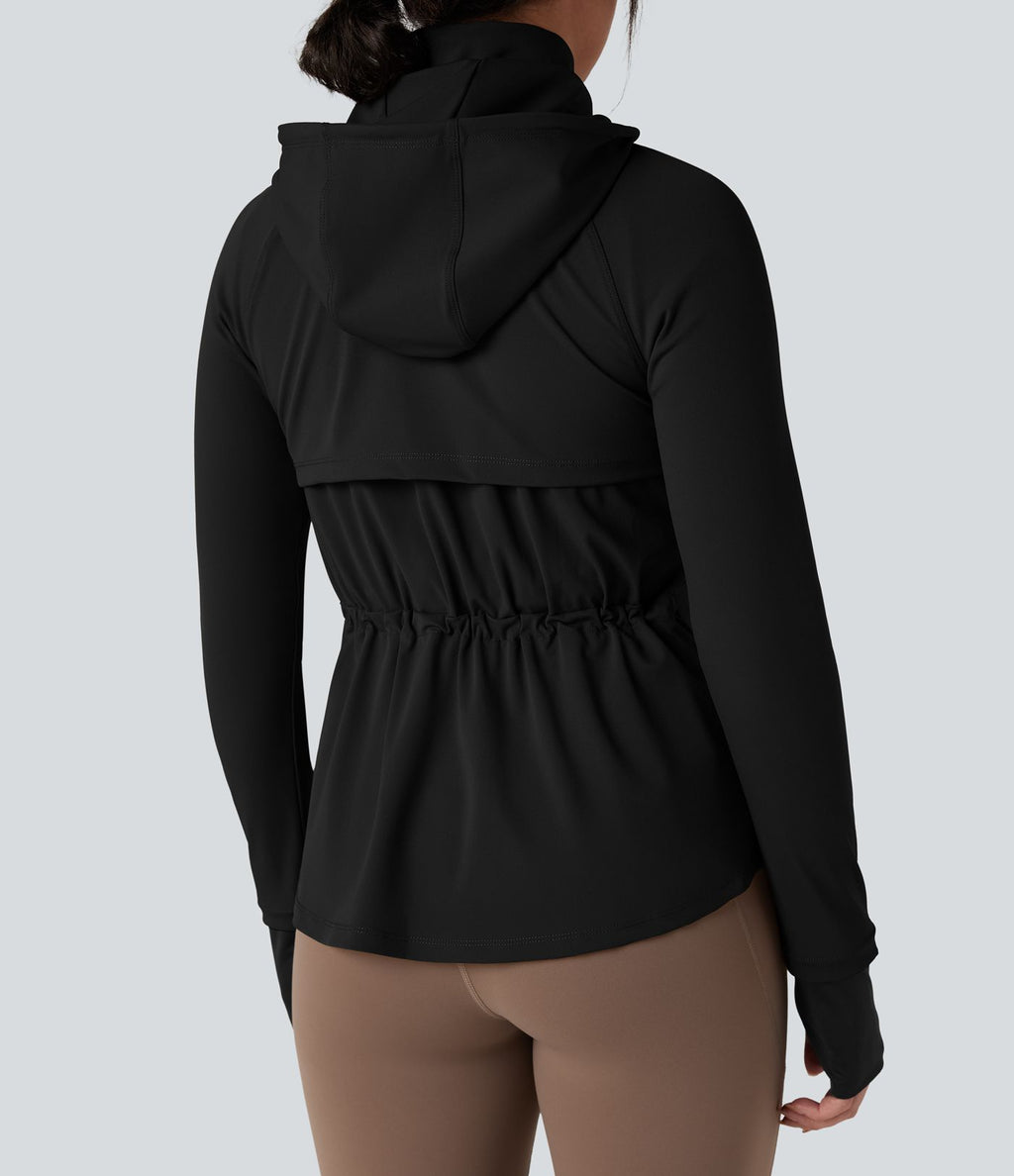 Veste randonnée capuche amovible double zip cordon de serrage avec trous pouces et poches