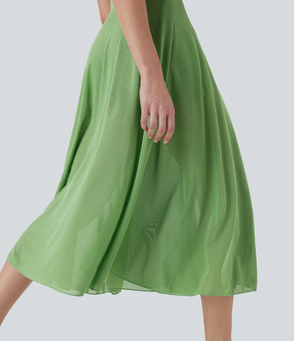Jupe Casual Évasée Mesh Mi-Longue Fuide 2 en 1 Contrastée Taille Haute Cordon Poche Latérale