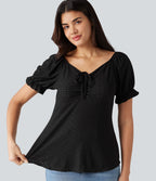Blouse décontractée col V manches courtes bouffantes lacée ajourée