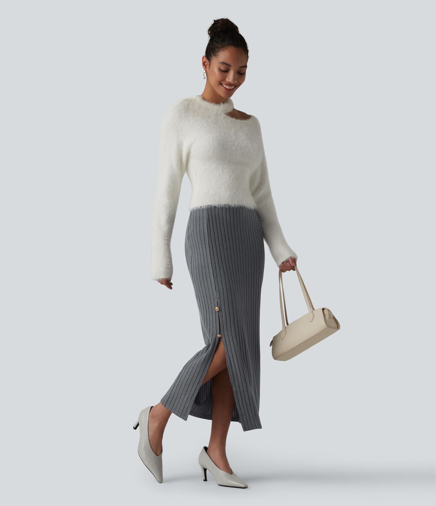Jupe midi de bureau taille haute en maille côtelée