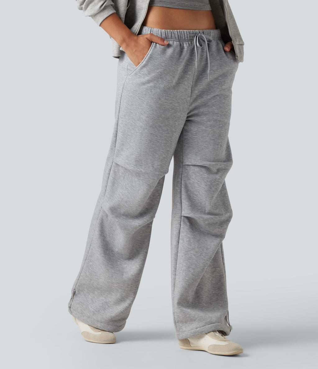 Pantalon large polaire taille haute avec cordon de serrage, fronces et poches