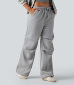 Pantalon large polaire taille haute avec cordon de serrage, fronces et poches