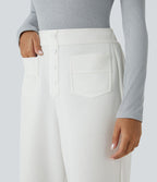 Pantalon Jogging en Fleece Thermique Jambe Droite Boutons Taille Haute Plusieurs Poches