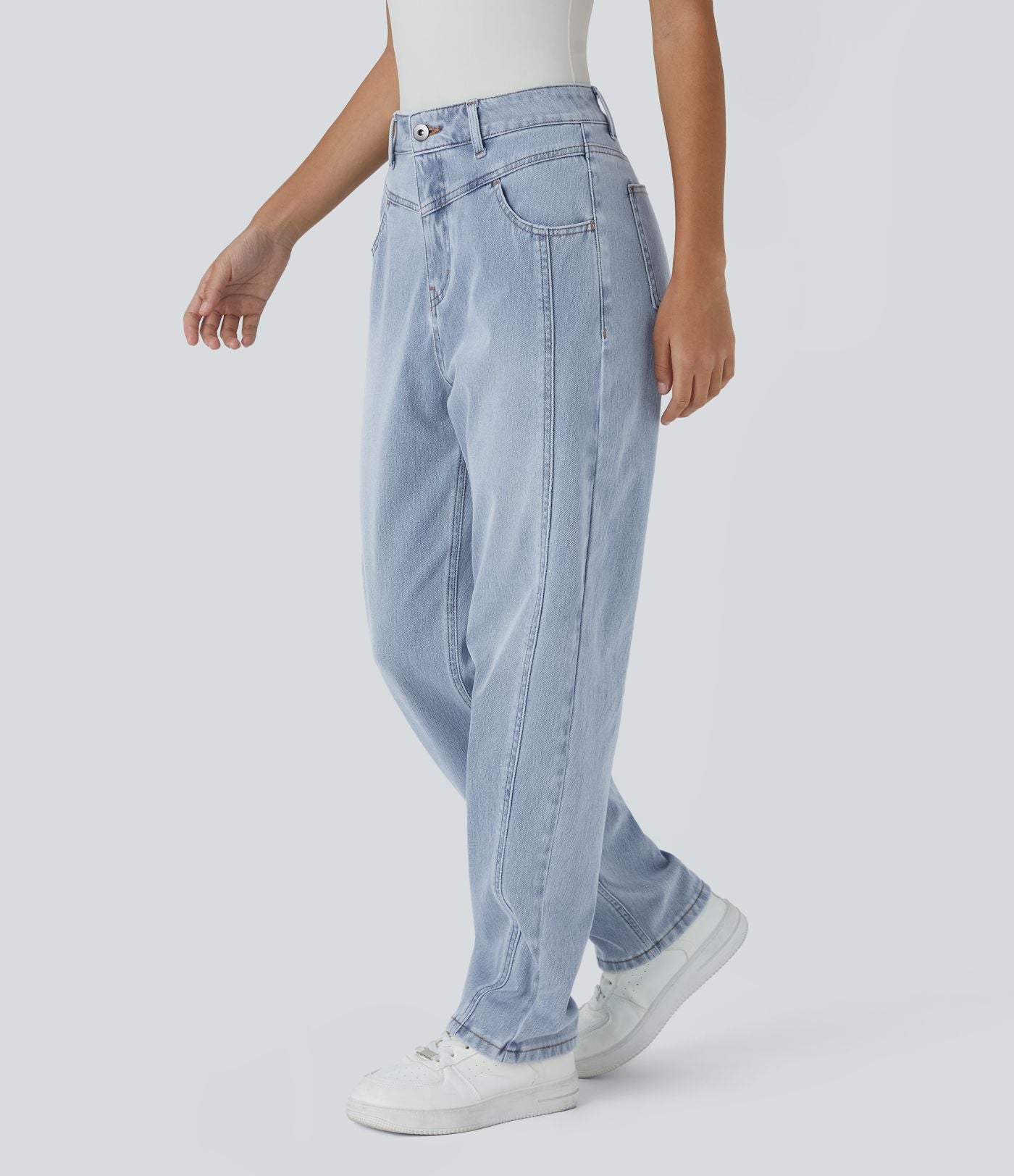 Jean décontracté Halara Flex™ taille haute extensible en maille avec bouton, fermeture éclair, poches multiples et effet délavé
