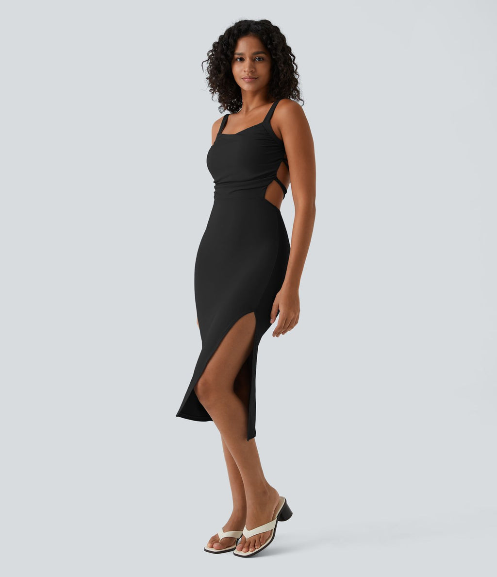Robe midi laquée fendue, brassière intégrée, dos nu croisé