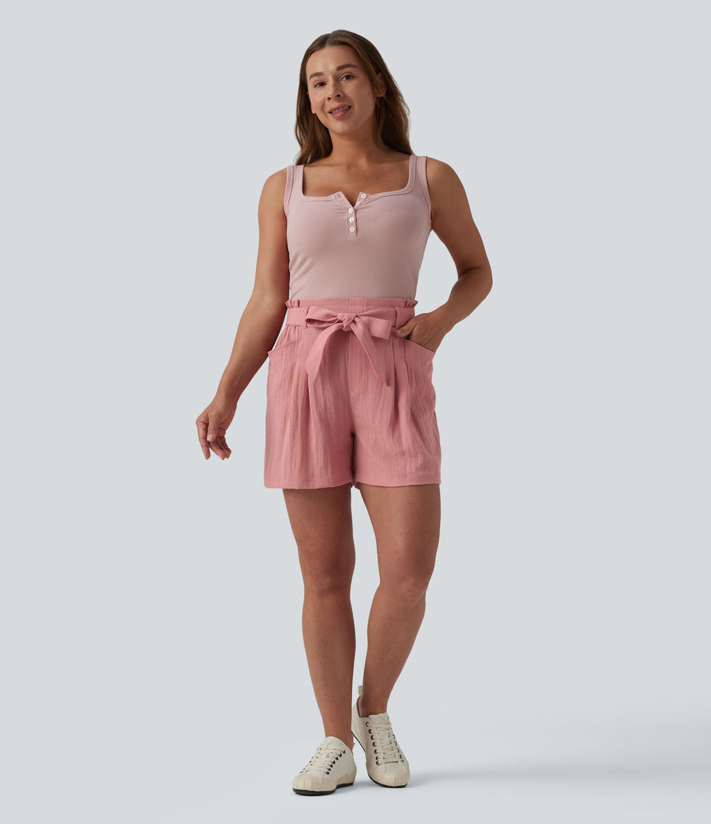 Short décontracté taille haute avec nœud devant aspect lin avec poches