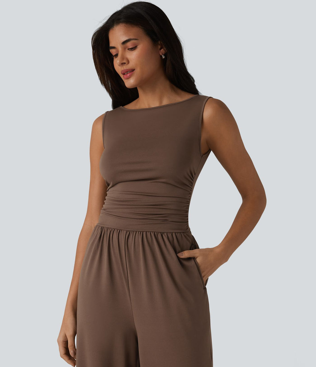 Combinaison casual froncée jambe large sans manches à col bateau avec poches - Édition Easy Peasy