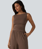 Combinaison casual froncée jambe large sans manches à col bateau avec poches - Édition Easy Peasy