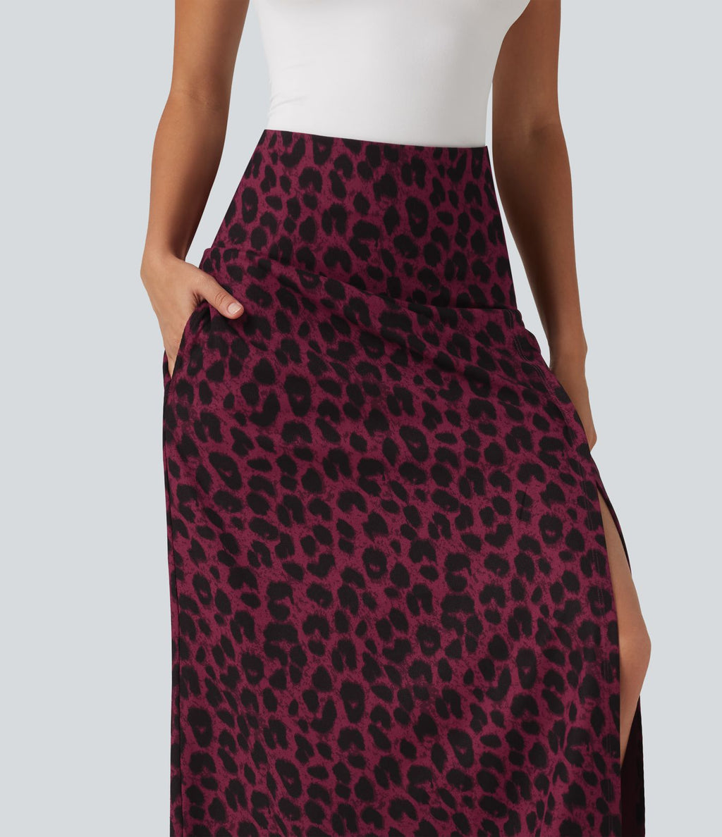 Jupe casual maxi gaufrée léopard taille haute gainante à poche