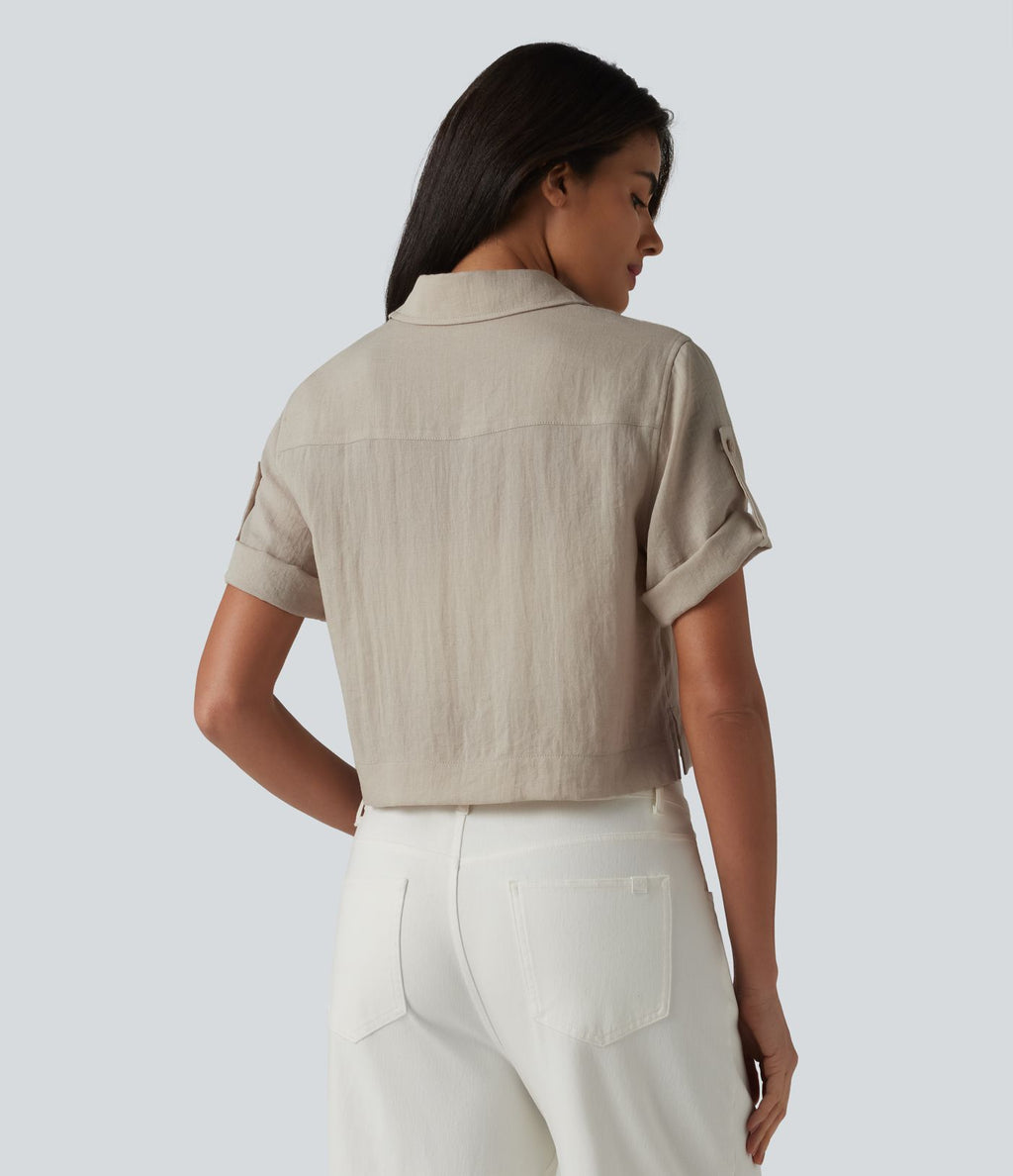 Chemise courte col classique manches courtes retroussées en mélange lin avec poches