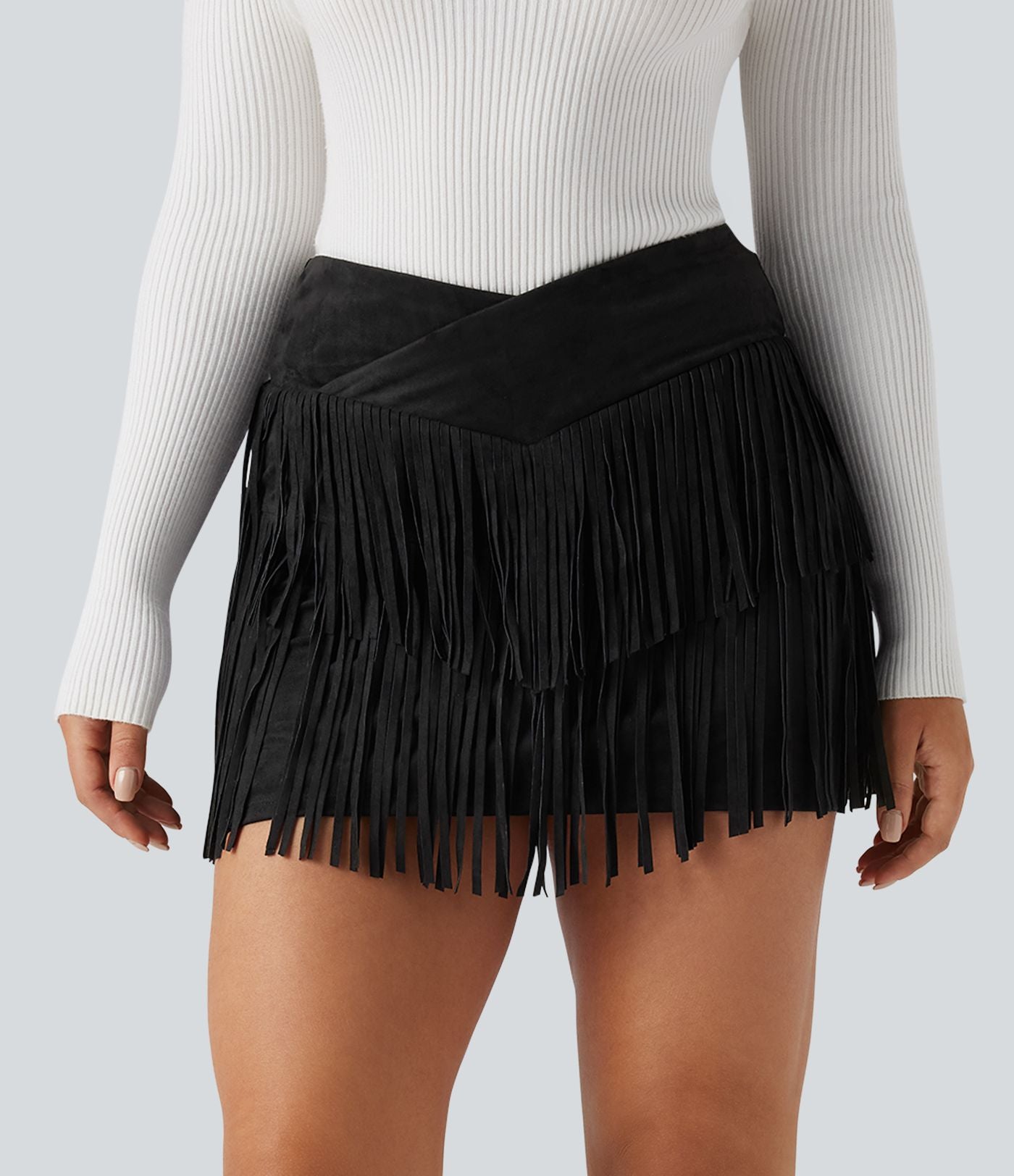 Jupe mini de soirée ajustée effet daim taille haute croisée 2-en-1 à franges