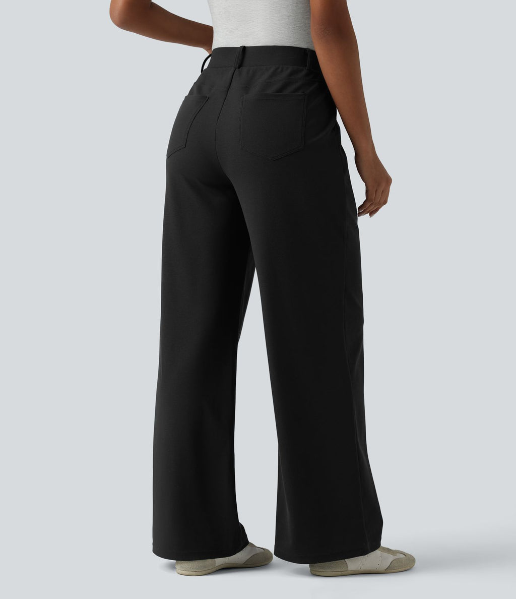 Pantalon décontracté large taille mi-haute gaufré avec poches