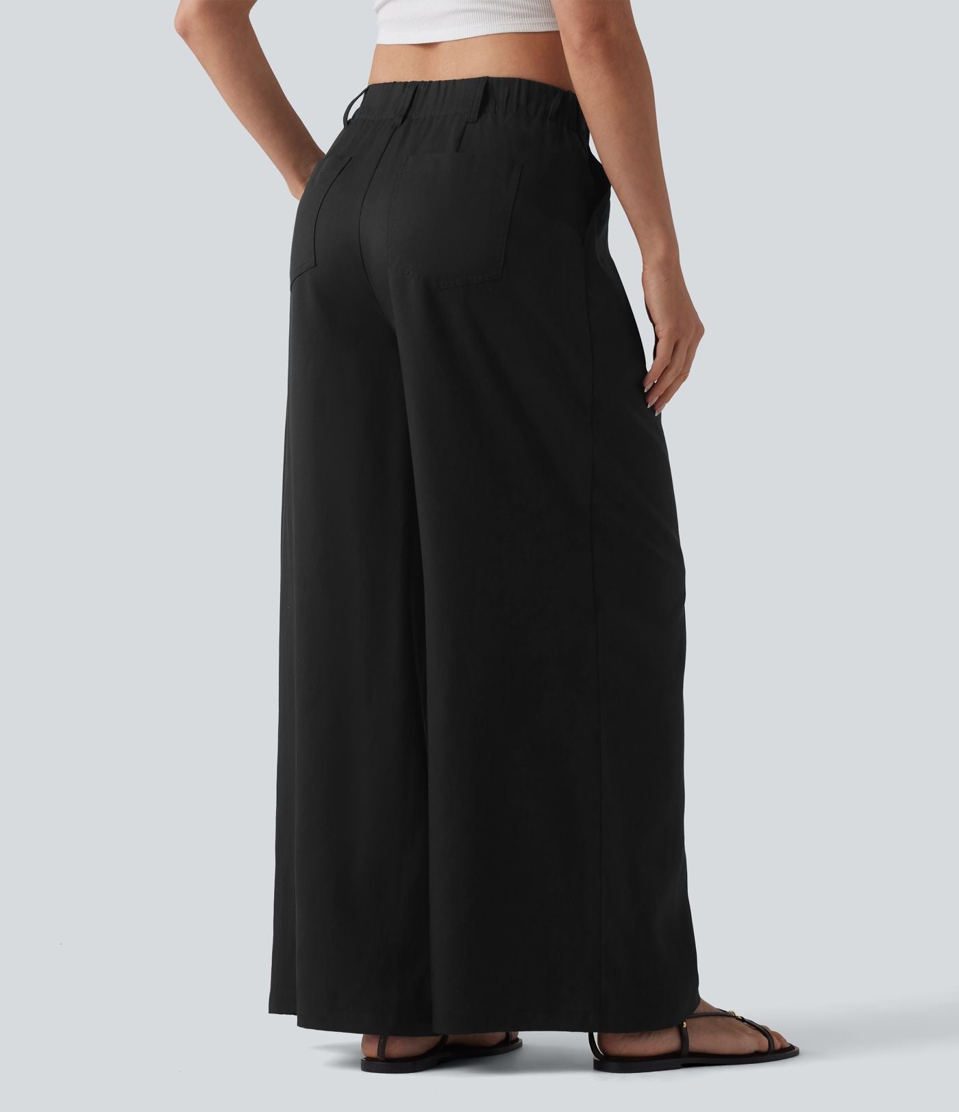 Pantalon ample décontracté en lyocell et lin mélangé, taille mi-haute, plissé, avec poches
