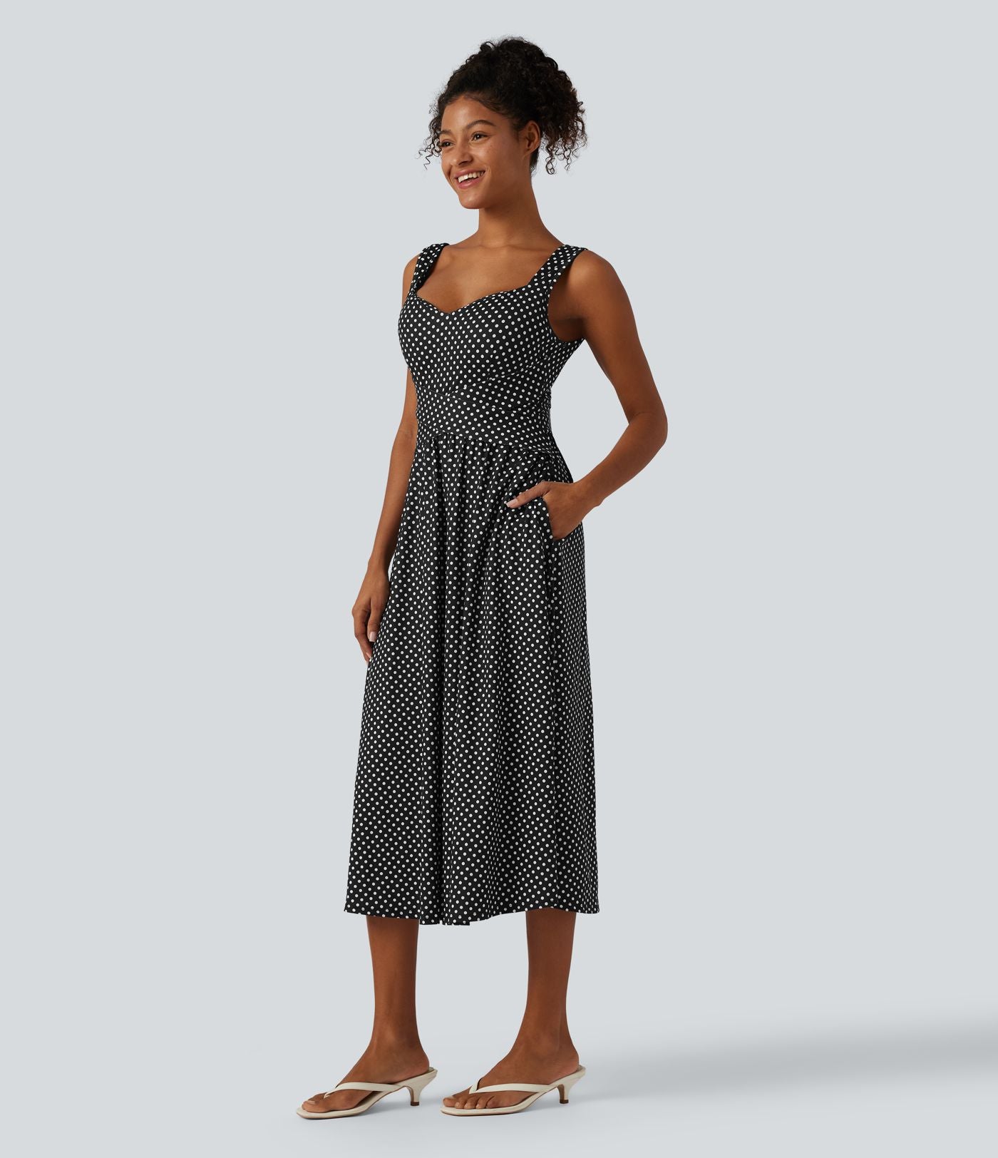 Robe midi casual fluide à pois sans manches dos nu avec brassière intégrée croisée et poches - Bonnets DD-F