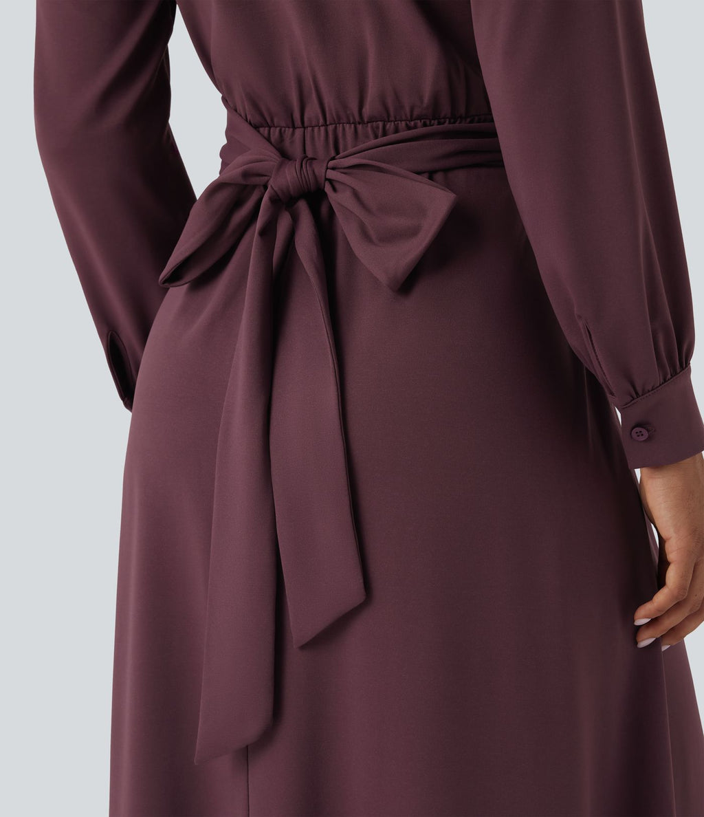 Robe de travail mi-longue col V manches longues liens dos avec poches