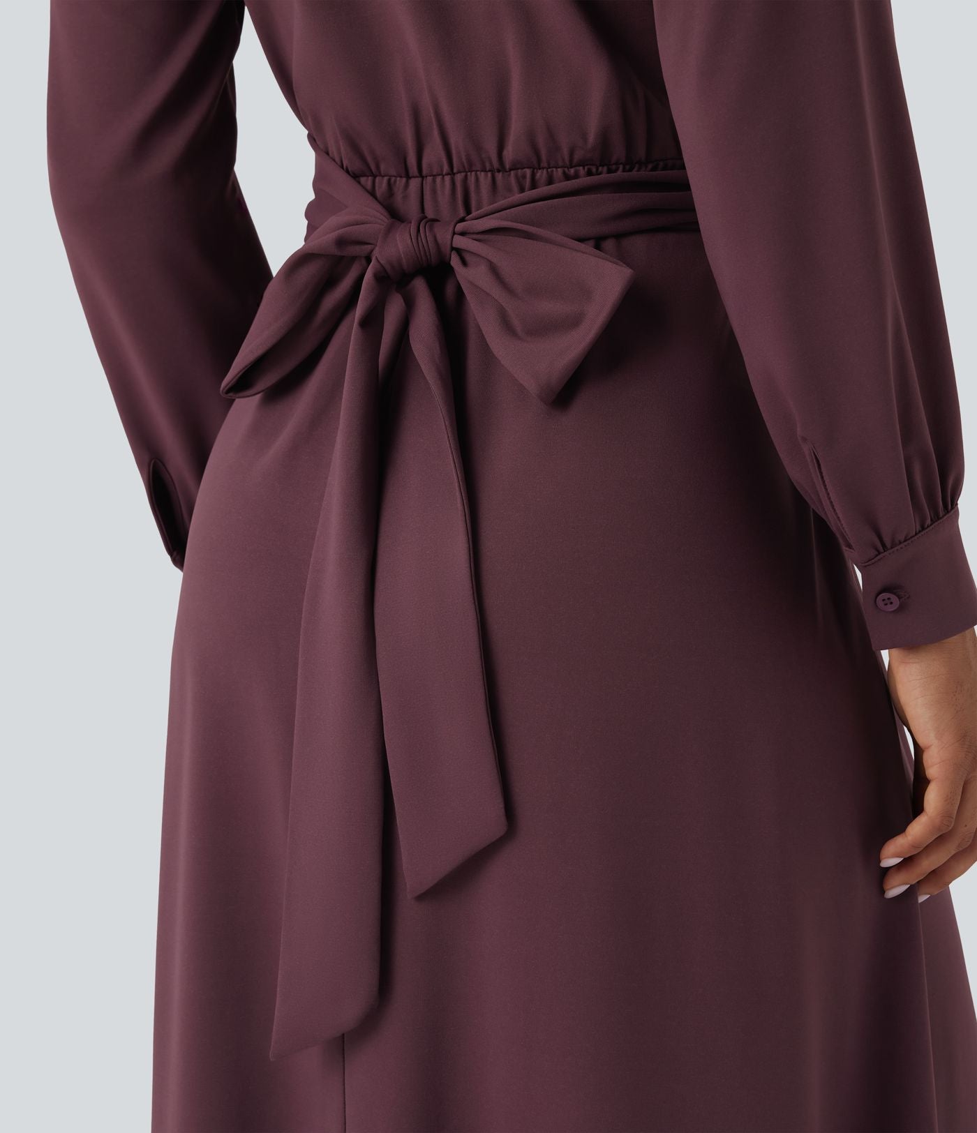 Robe de travail mi-longue col V manches longues liens dos avec poches
