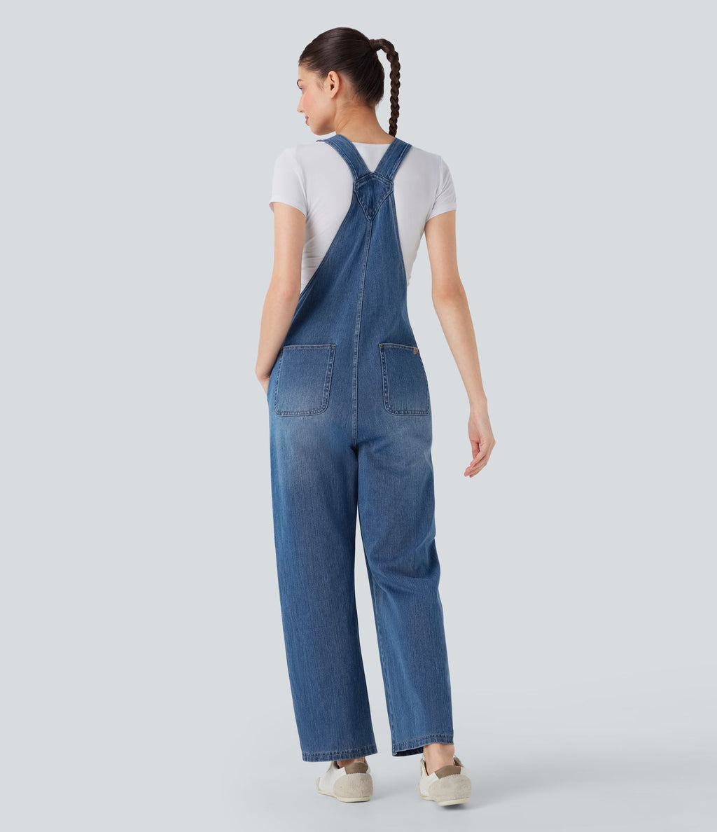 Salopette casual denim Halara Flex™ jambe droite maille extensible avec boutons et multiples poches