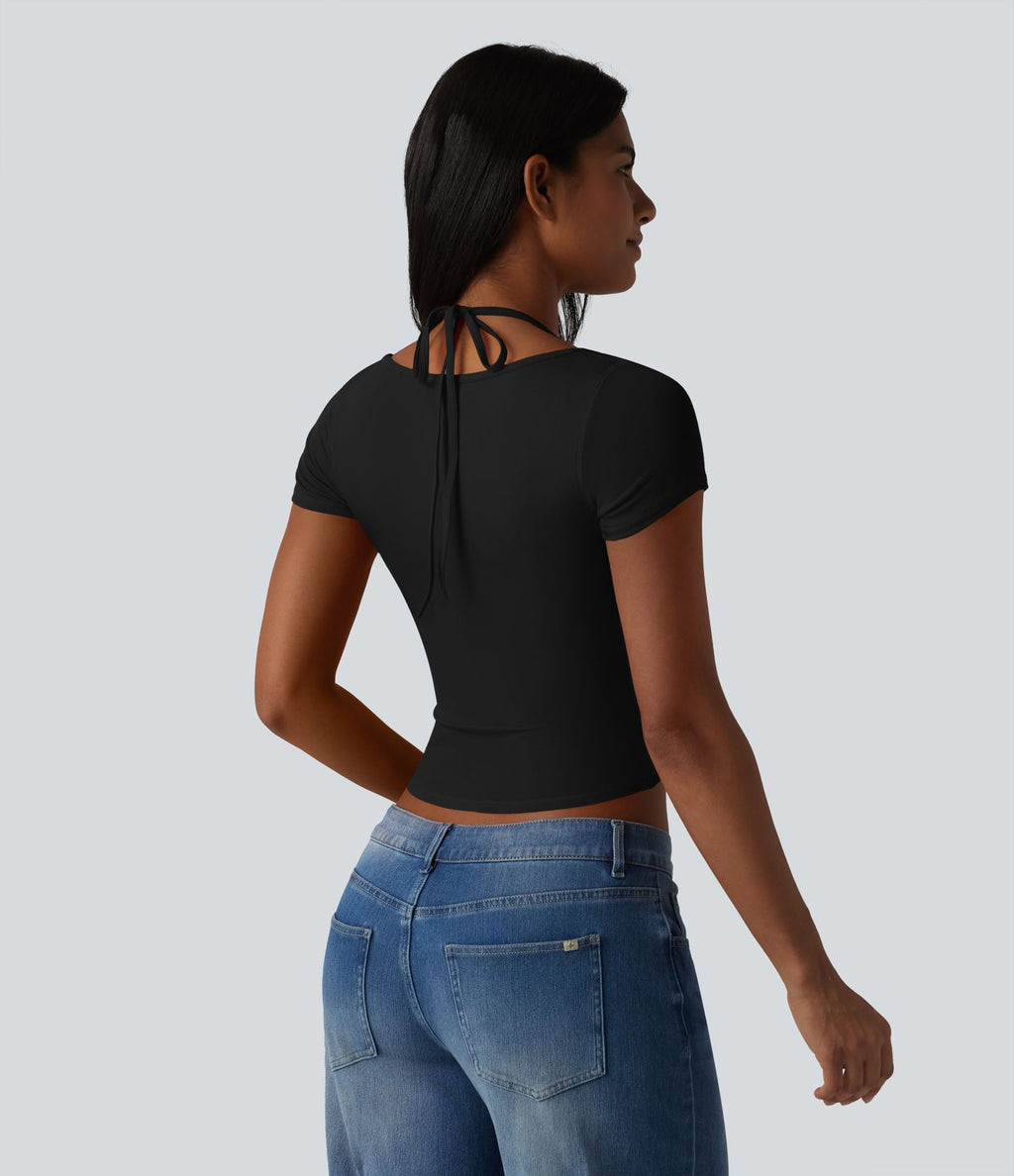 T-shirt crop décontracté côtelé dos nu à nouer avec soutien-gorge intégré manches courtes
