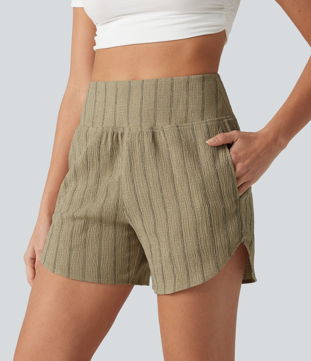 Short casual taille haute ourlet arrondi rayures avec poches
