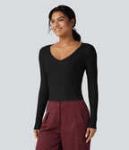 T-shirt tailleur côtelé court col V manches longues
