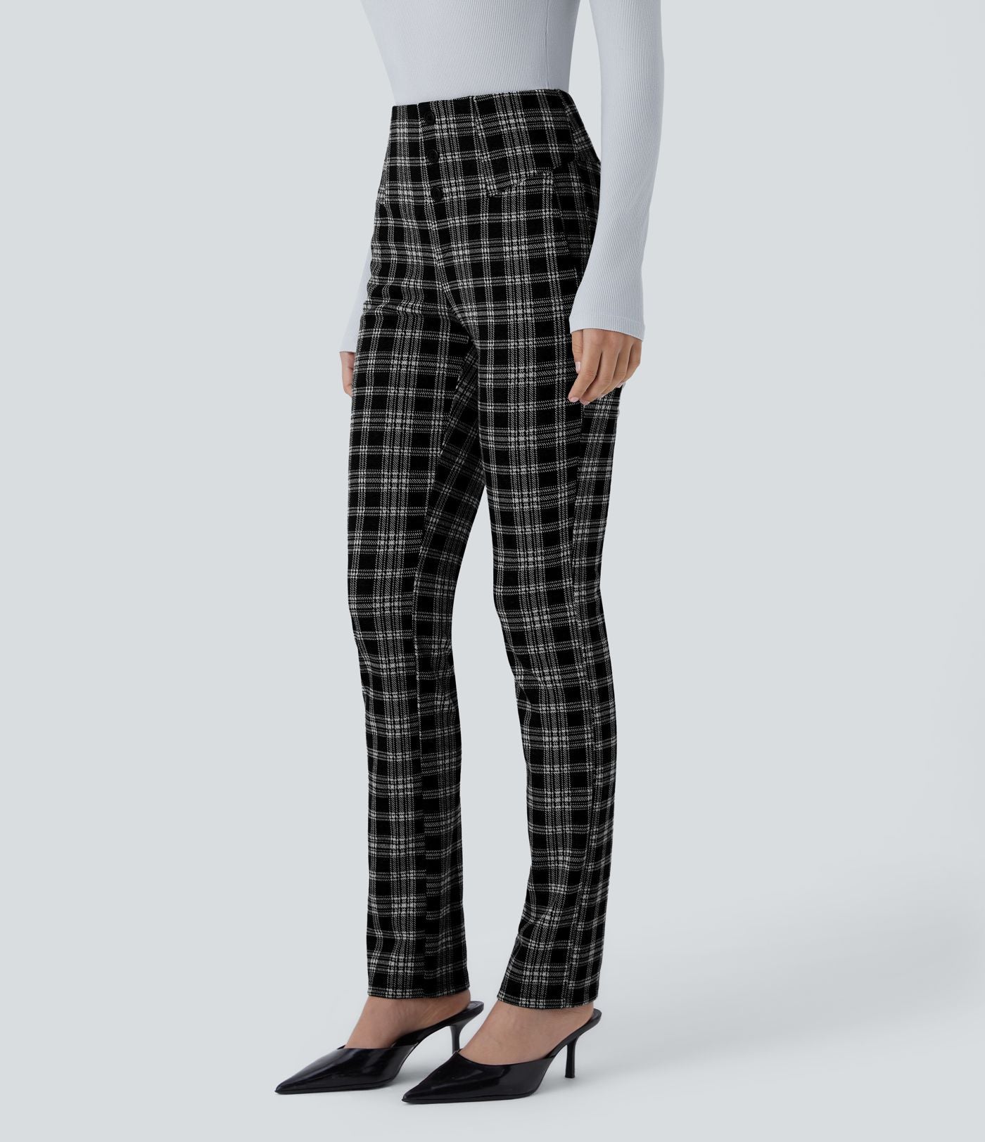 Halara Flex™ Pantalon tailleur Cintrés à Taille Haute avec Boutons Décoratifs Poches Latérales et Imprimé Pied-de-Poule
