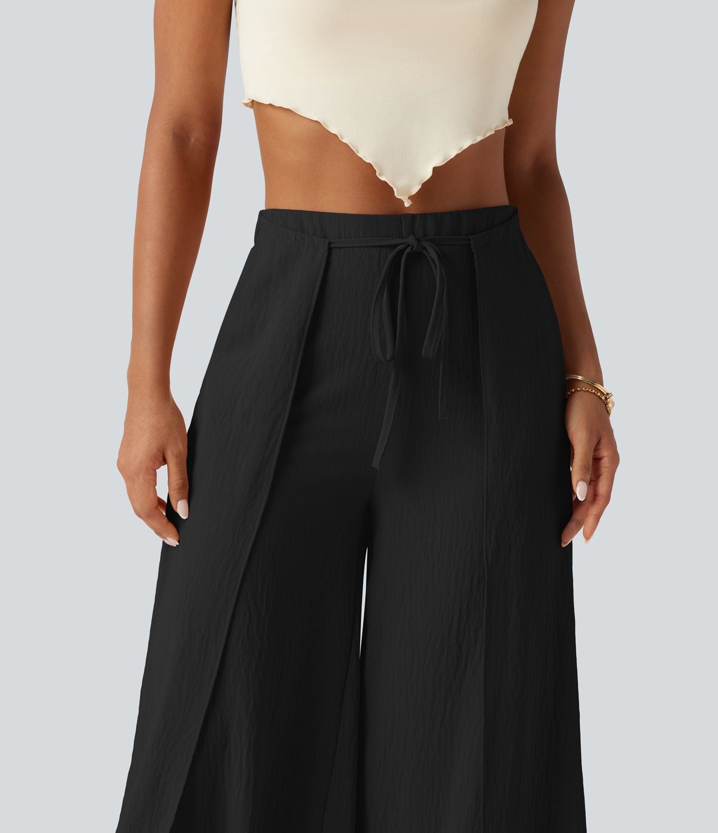 Pantalon ample fluide effet lin taille haute avec laçage