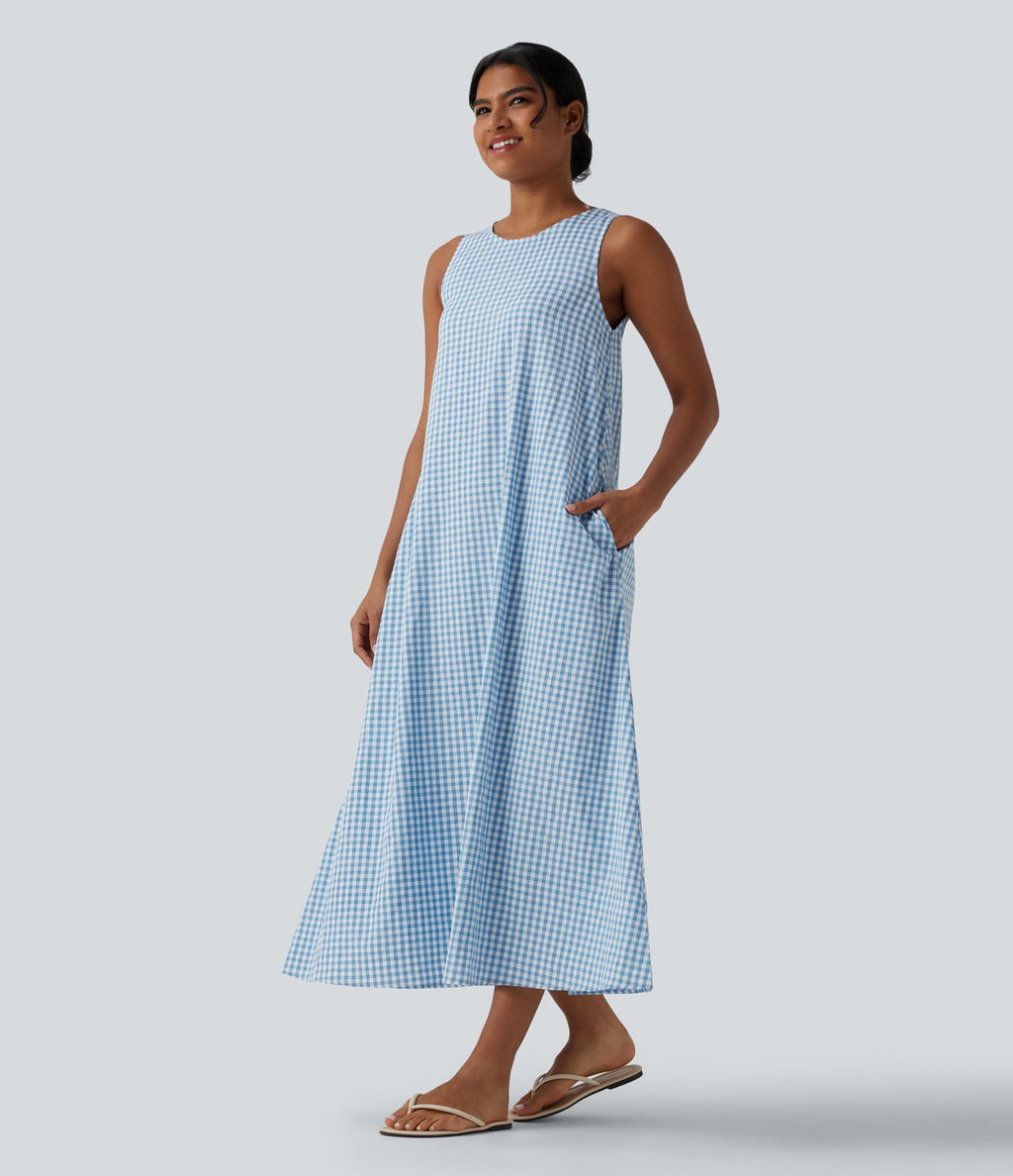 Robe débardeur midi décontractée col rond sans manches en vichy froissé avec poches