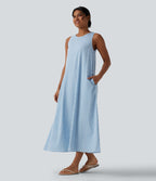 Robe débardeur midi décontractée col rond sans manches en vichy froissé avec poches