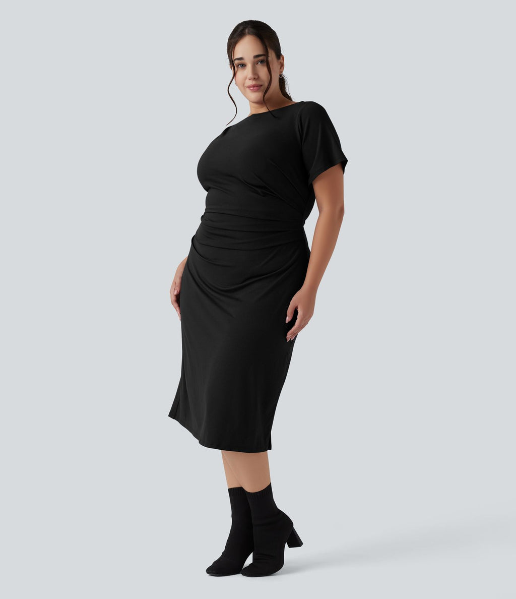 Robe midi grande taille moulante froncée à manches courtes avec fente pour le travail