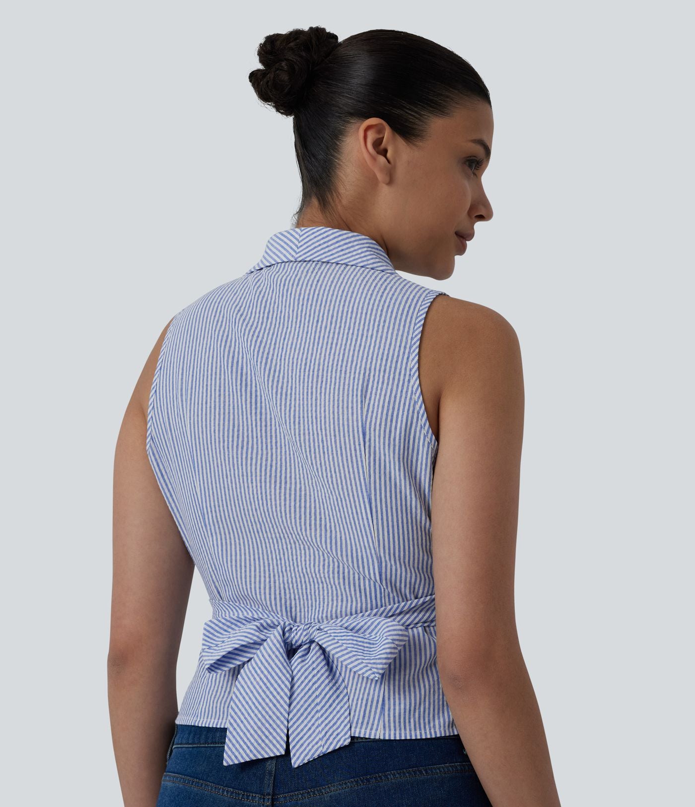 Chemise décontractée à rayures, col V, sans manches, dos noué