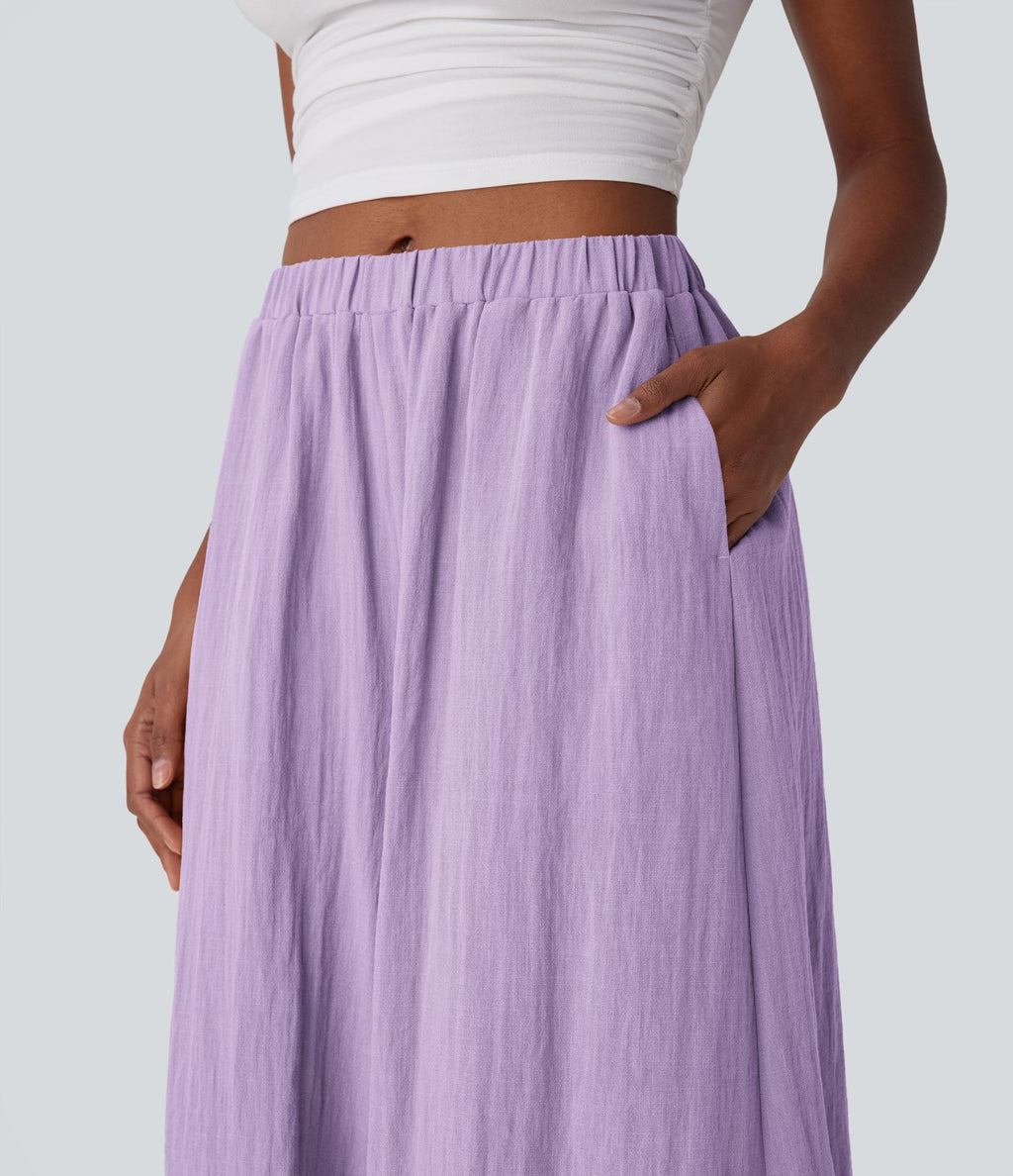 Pantalon fluide large taille mi-haute effet lin avec poche