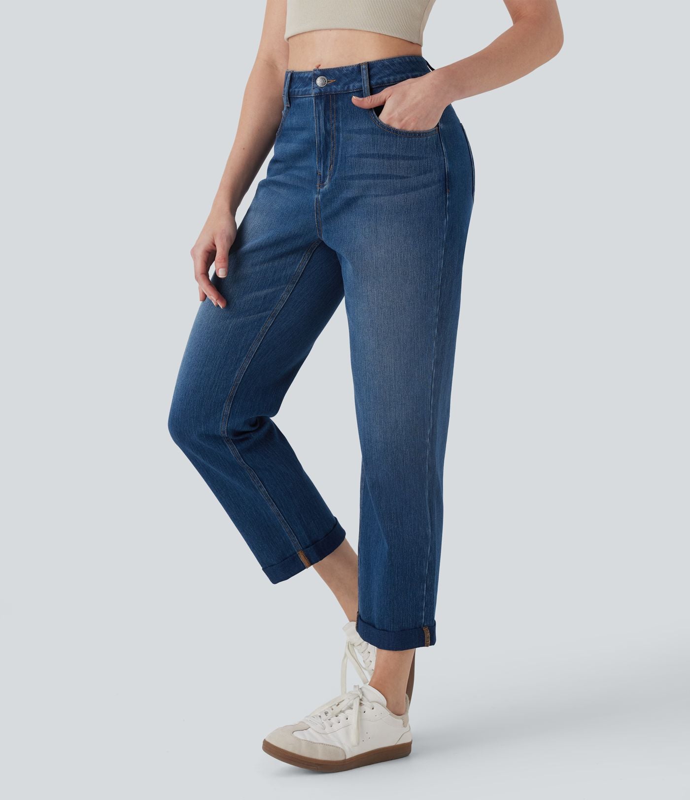 Jean 7/8 décontracté délavé taille mi-haute à jambe droite Halara Flex™ avec poches