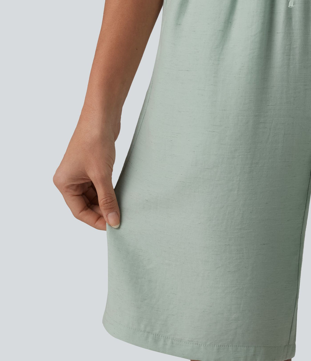 Short décontracté taille haute en lin mélangé avec cordon de serrage et poches, 25 cm