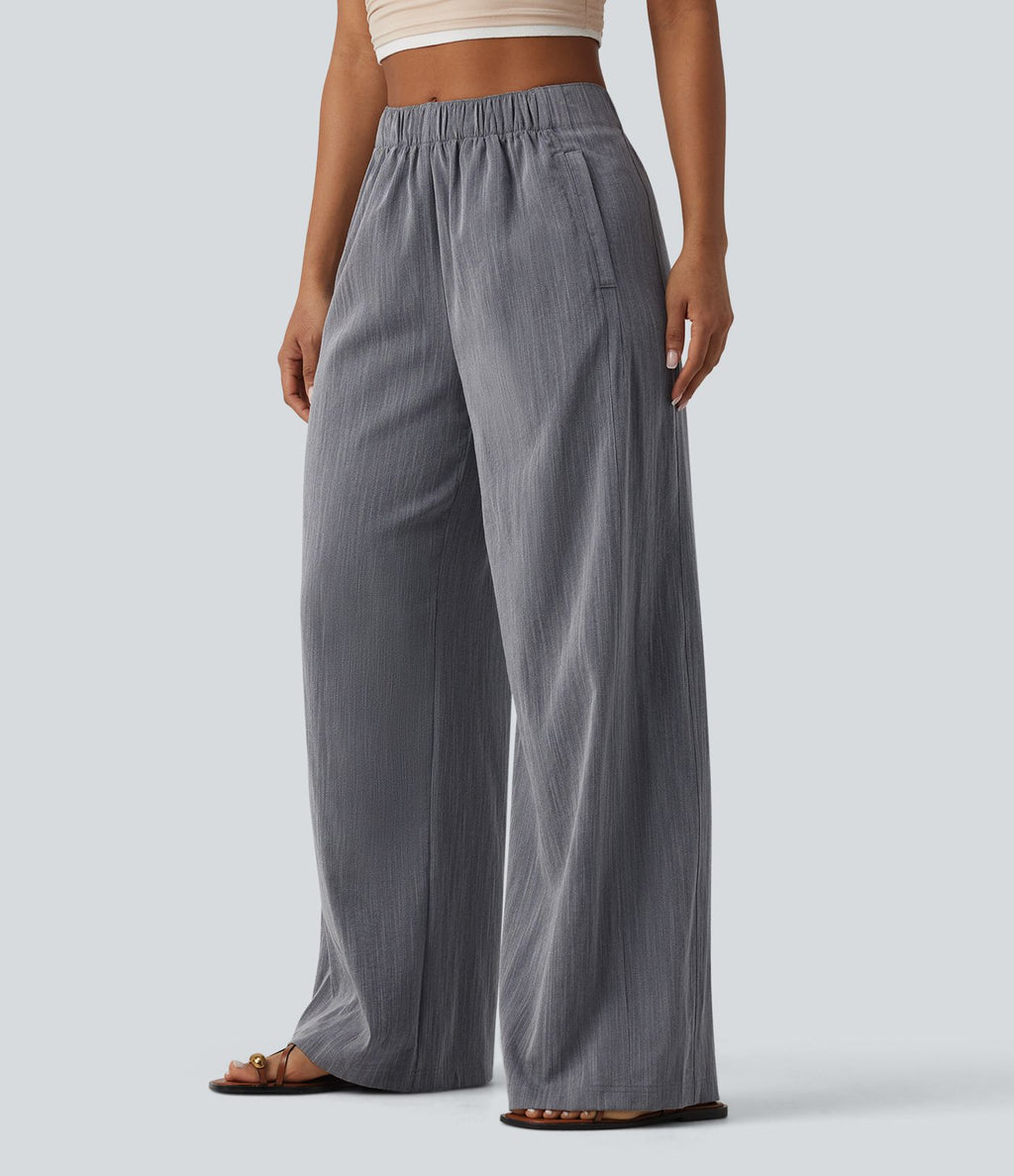 Pantalon casual ample aspect lin taille mi-haute avec poches