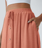 Jupe Midi Fluide Taille Haute Cordon de Serrage Boutonnés Poches Latérales