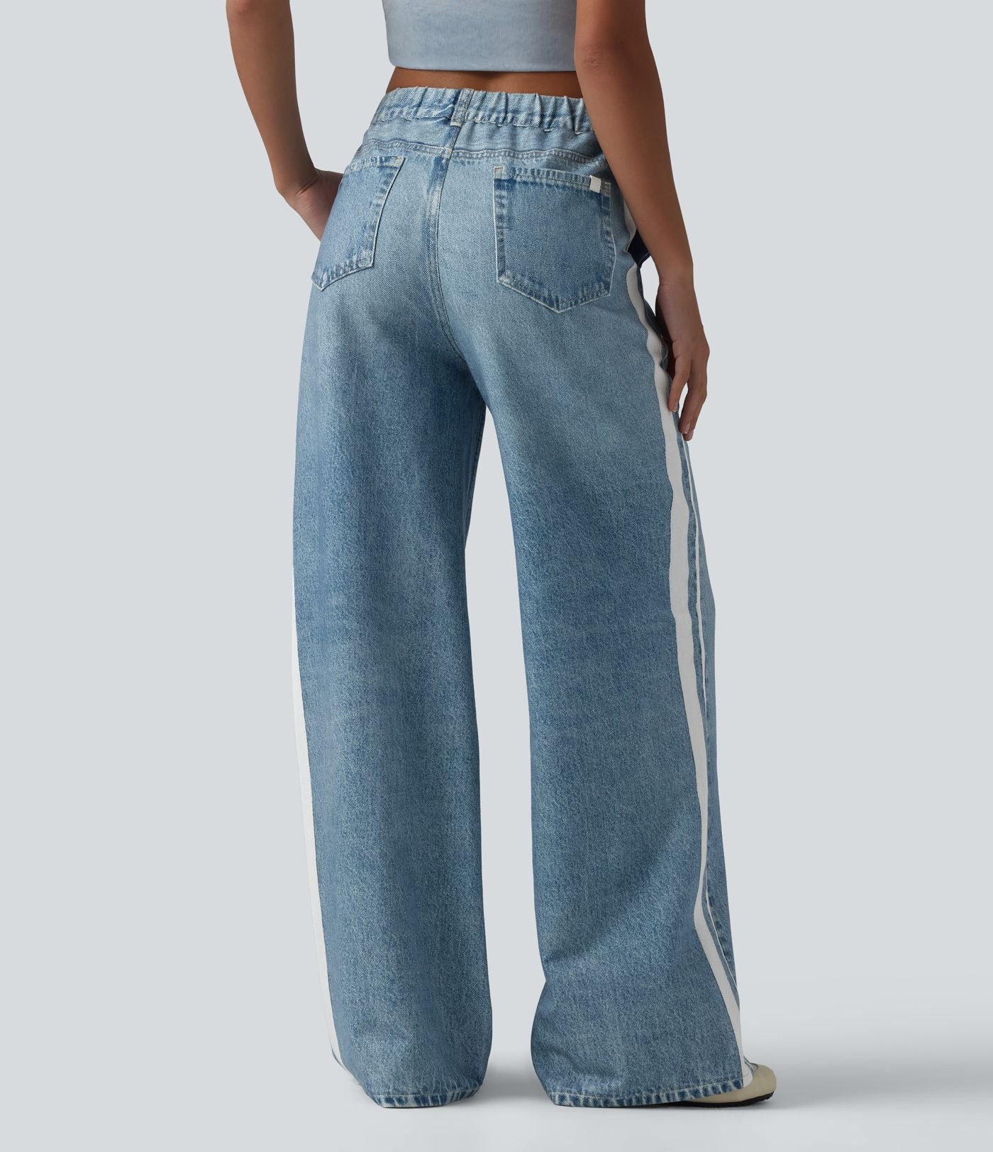Jean de survêtement décontracté à rayures en tissu éponge français imprimé denim taille mi-haute avec poches