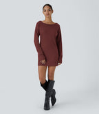 Robe Sweatshirt Casual Col Bateau Manches Raglan Avec Trous Pour Les Pouce Ourlet Fendu en Waffle