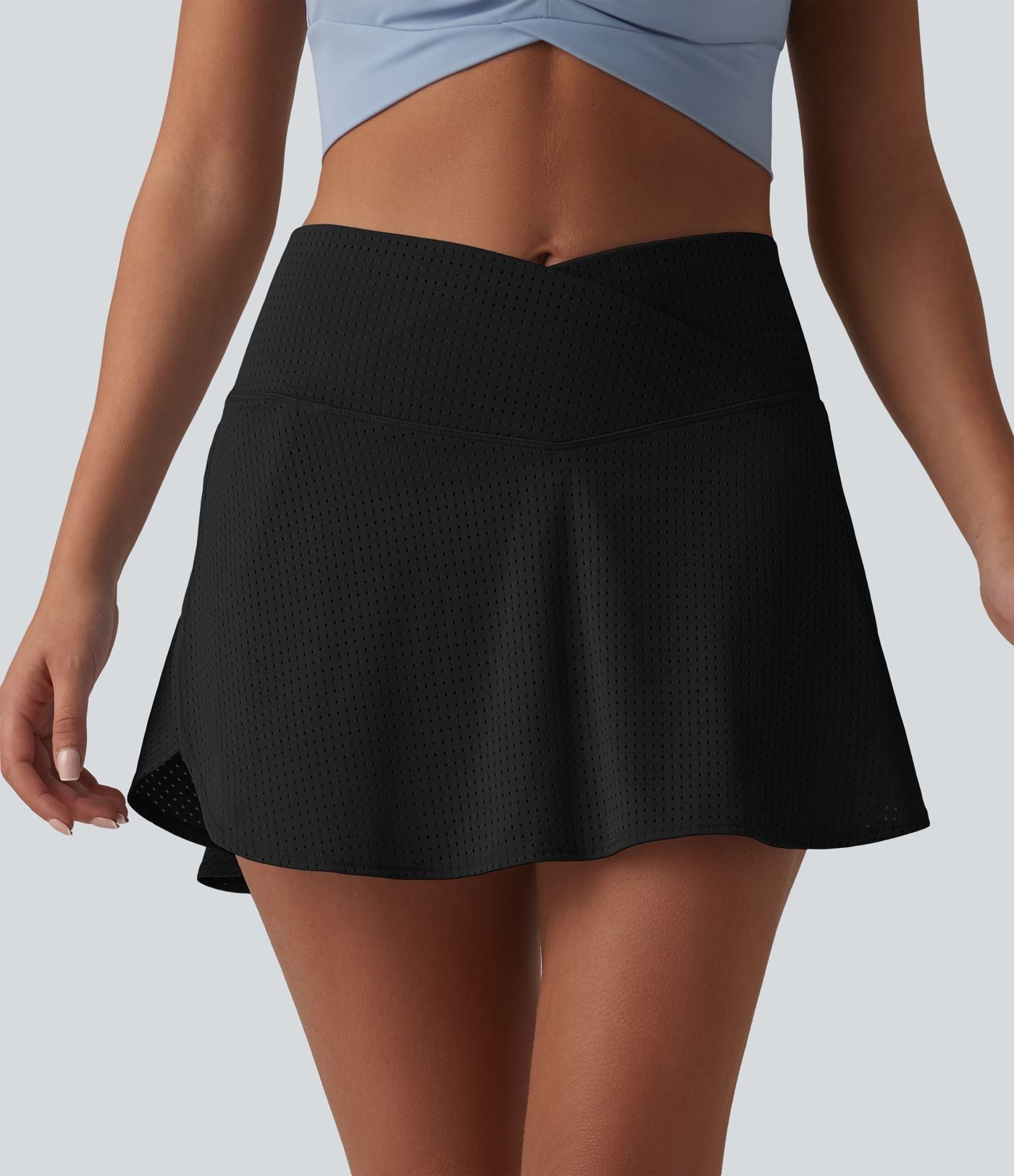 Jupe mini de tennis à œillets, taille haute, 2 en 1, coupe trapèze, croisée, avec poches