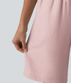 Short décontracté taille haute en lin mélangé avec cordon de serrage et poches, 25 cm