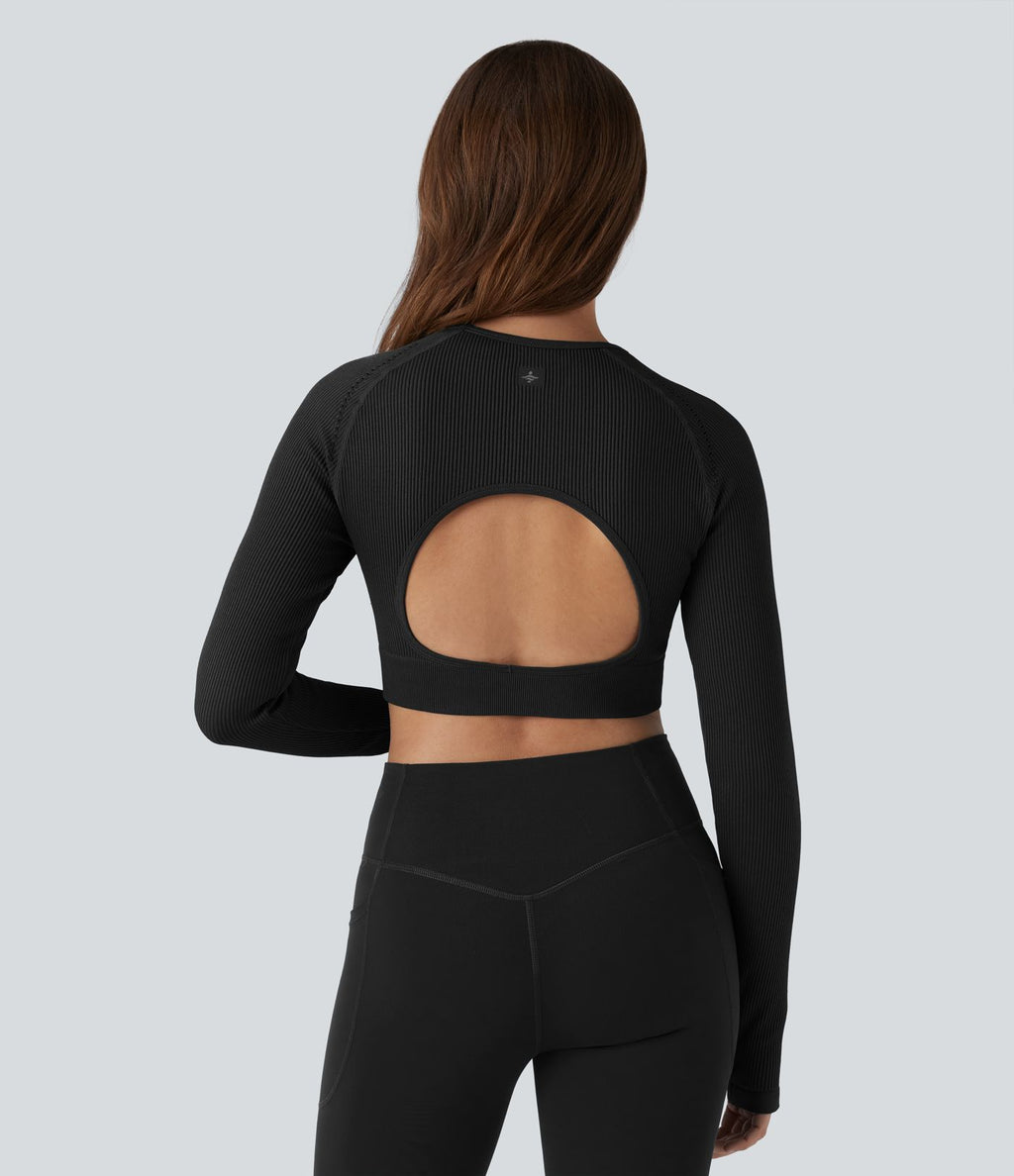 OneForm Seamless Flow Top de sport court yoga dos nu à manches longues raglan avec passants pouces