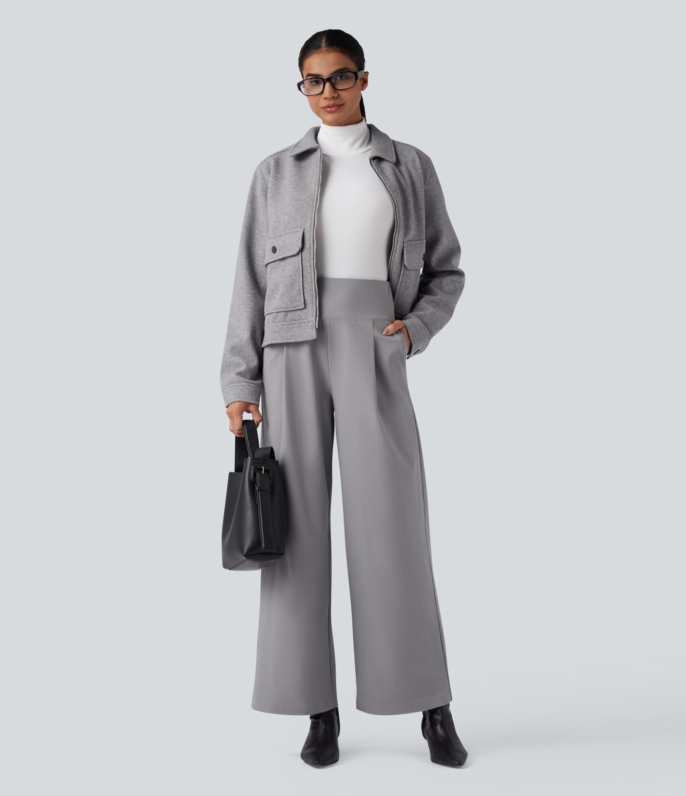 Pantalon tailleur ample taille haute en sergé Halara Flex™ avec poches